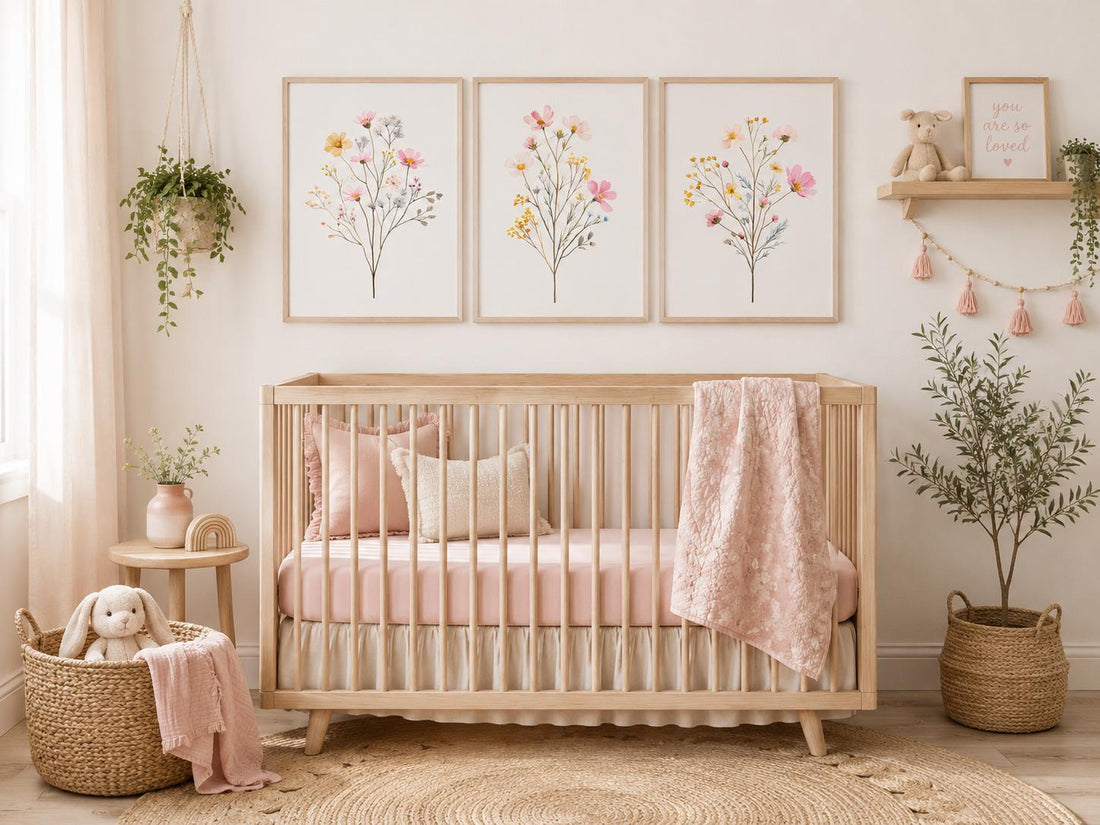 Wildflower Nursery Wall Art Set of 3, Pink Floral Baby Girl Room Decor