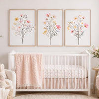 Wildflower Nursery Wall Art Set of 3, Pink Floral Baby Girl Room Decor