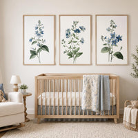 Blue Botanical Nursery Wall Art Set of 3, Wildflower Prints, Watercolor Floral
