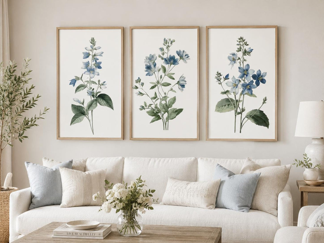 Blue Botanical Nursery Wall Art Set of 3, Wildflower Prints, Watercolor Floral