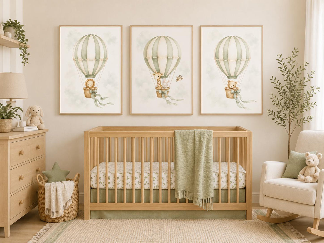 Sage Green Hot Air Balloon Nursery Art Set, Safari Animals Baby Room Prints