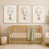 Sage Green Hot Air Balloon Nursery Art Set, Safari Animals Baby Room Prints