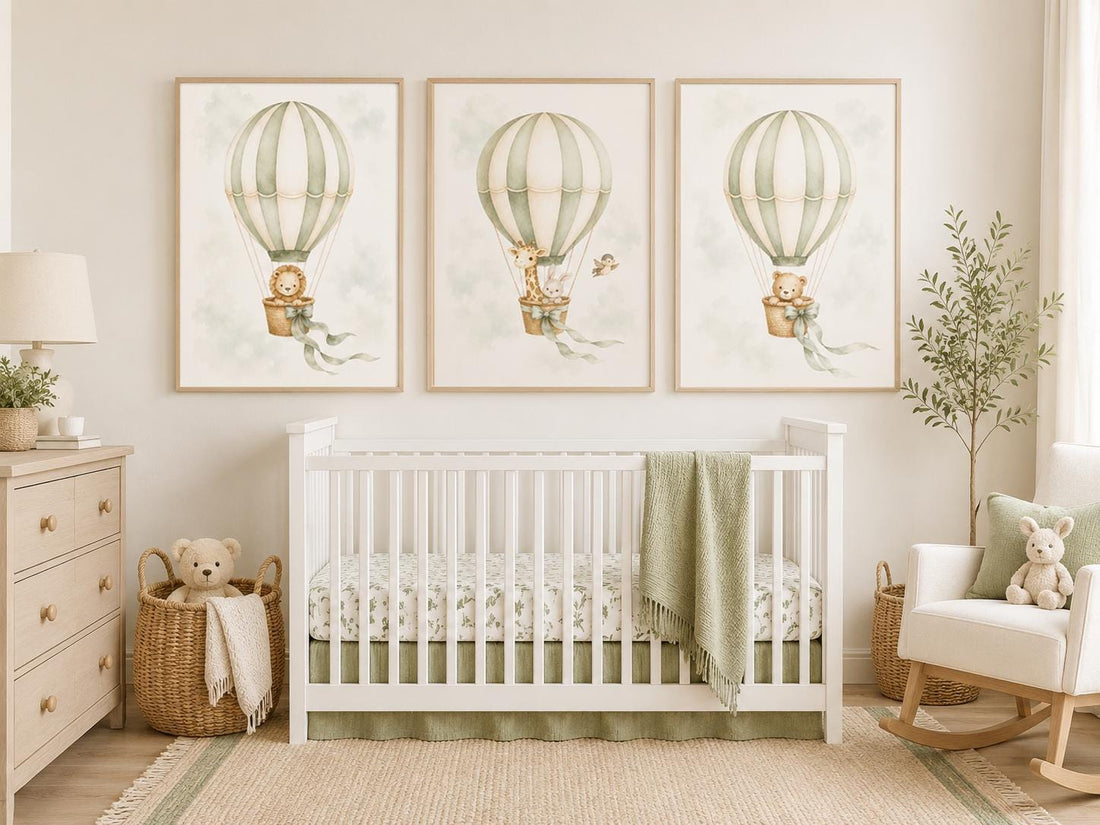 Sage Green Hot Air Balloon Nursery Art Set, Safari Animals Baby Room Prints
