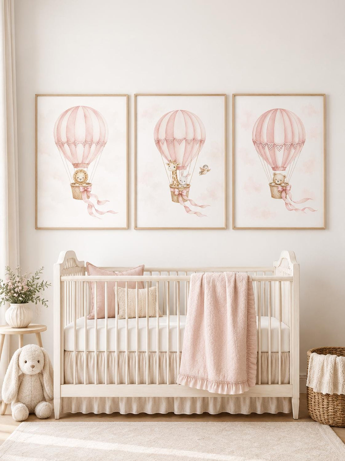 Blush Pink Hot Air Balloon Nursery Wall Art, Girl Nursery Prints Set of 3