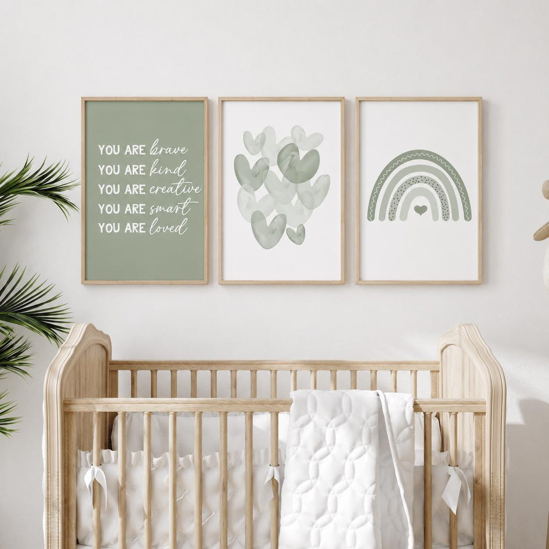Sage Green Nursery Prints: Boho Rainbow, Hearts, Affirmations
