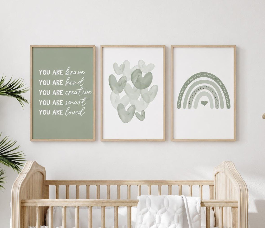 Sage Green Nursery Prints: Boho Rainbow, Hearts, Affirmations