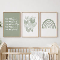 Sage Green Nursery Prints: Boho Rainbow, Hearts, Affirmations