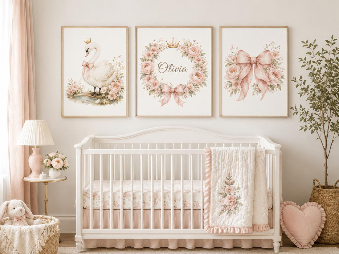 Personalized Swan Nursery Wall Art Set of 3, Blush Pink Floral Princess Swan
