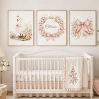 Personalized Swan Nursery Wall Art Set of 3, Blush Pink Floral Princess Swan