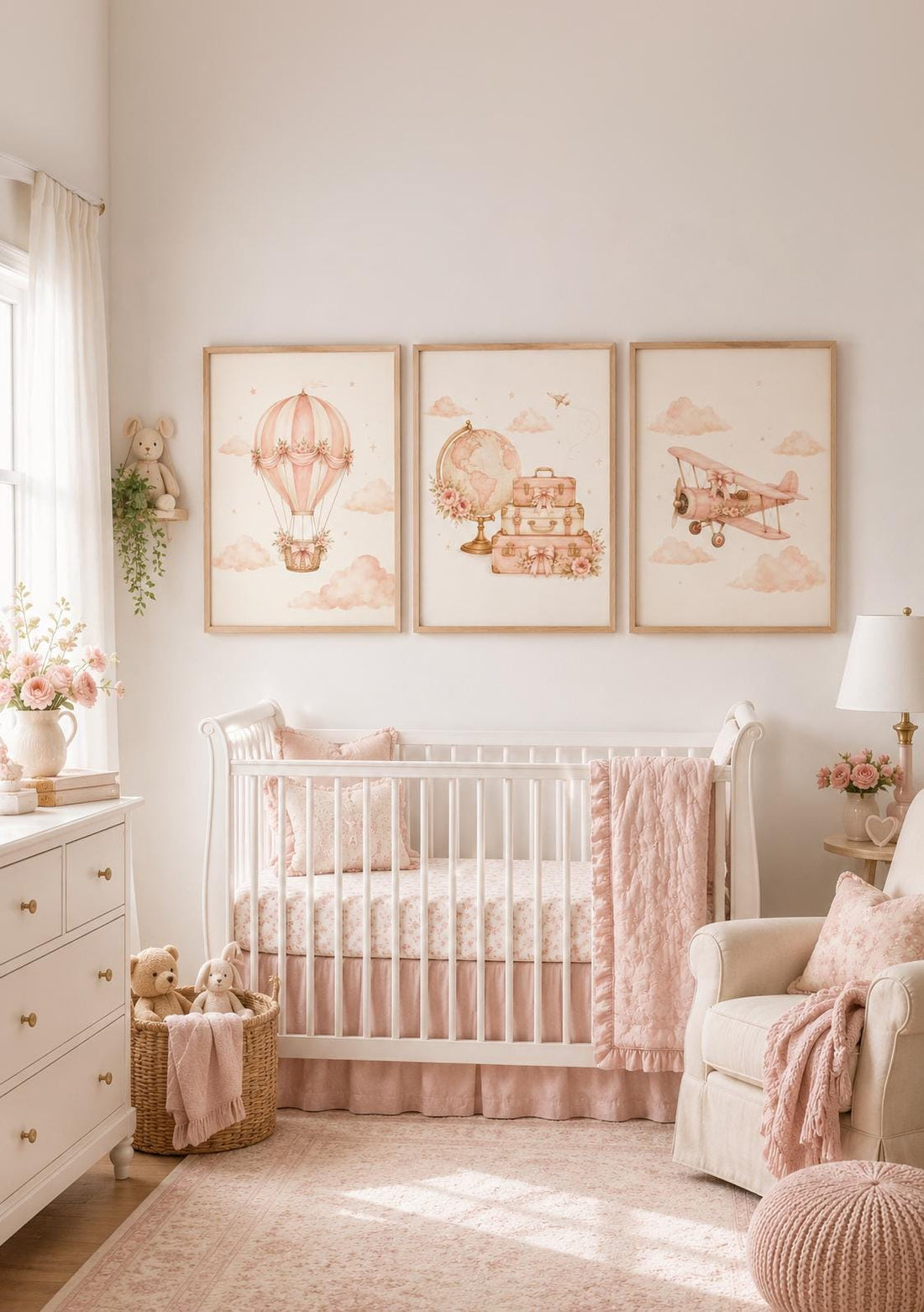 Pink Travel Nursery Wall Art Set of 3, Hot Air Balloon Airplane Globe Prints