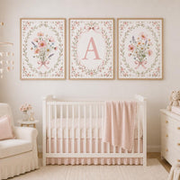 Blush Pink Floral Nursery Wall Art Set of 3, Personalized Baby Girl Initial Print
