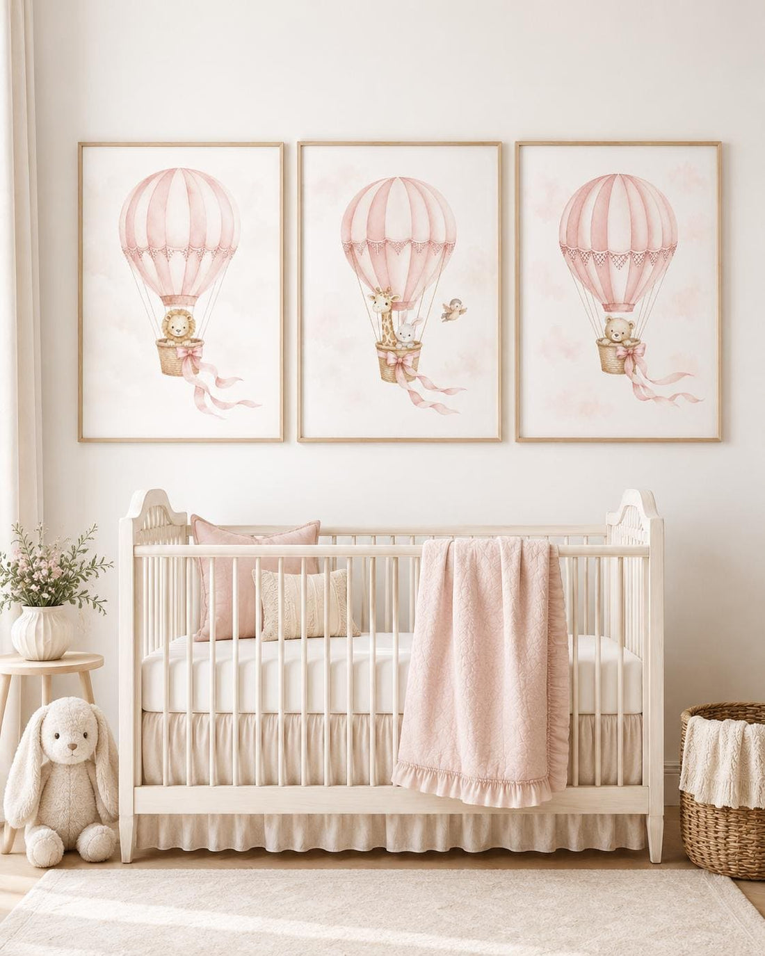 Blush Pink Hot Air Balloon Nursery Wall Art, Girl Nursery Prints Set of 3