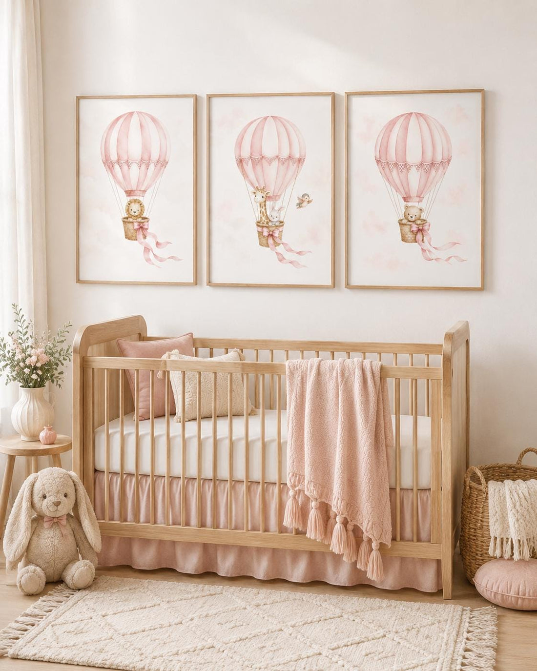 Blush Pink Hot Air Balloon Nursery Wall Art, Girl Nursery Prints Set of 3