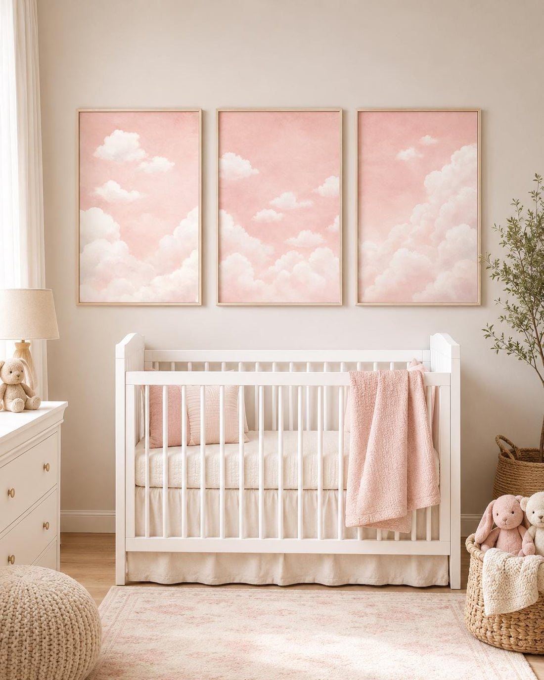 Set of 3 Pink Cloud Nursery Art, Blush Sky Baby Girl Decor