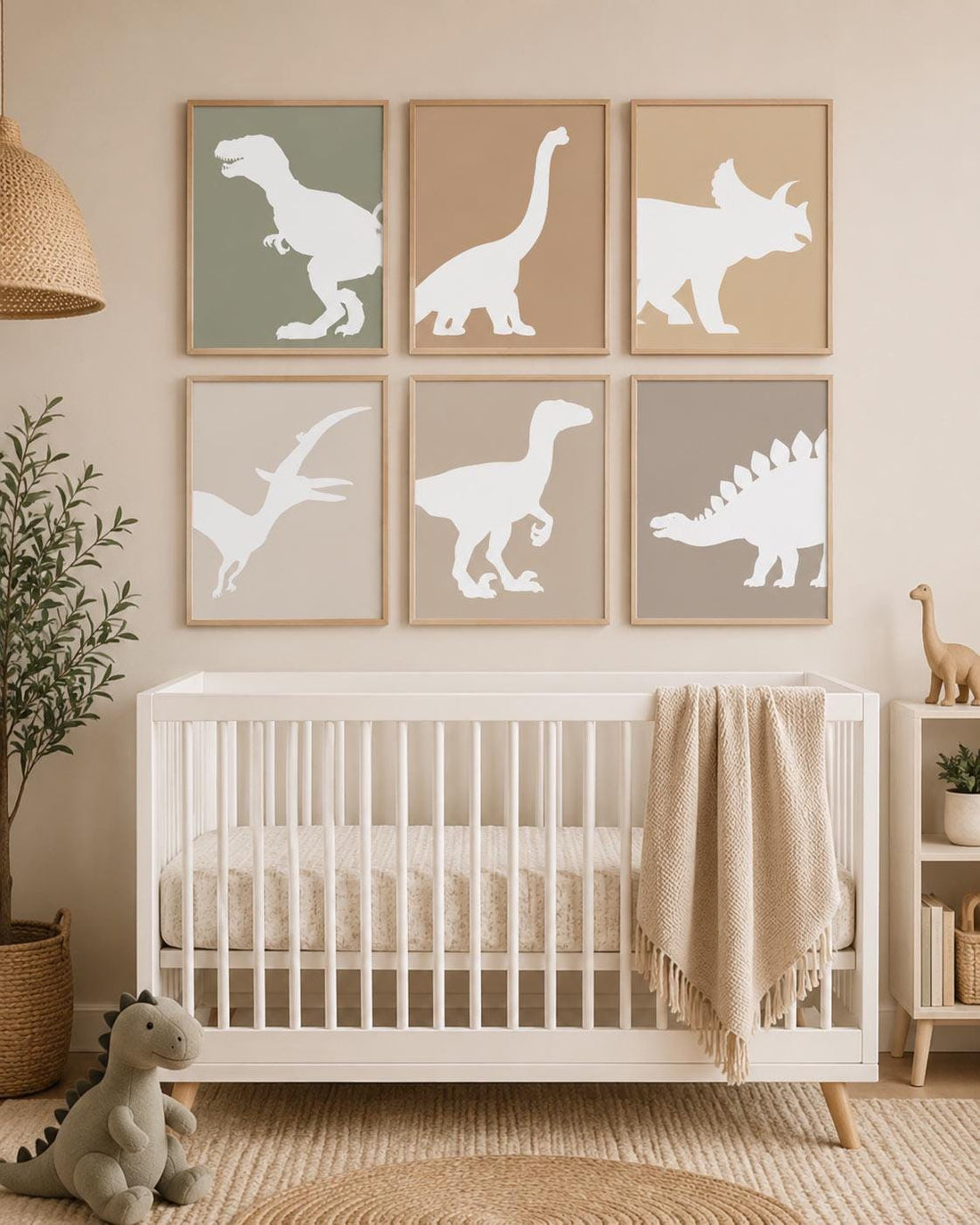 Dinosaur Nursery Wall Art Set of 6, Neutral Dino Prints, Earth Tone Kids