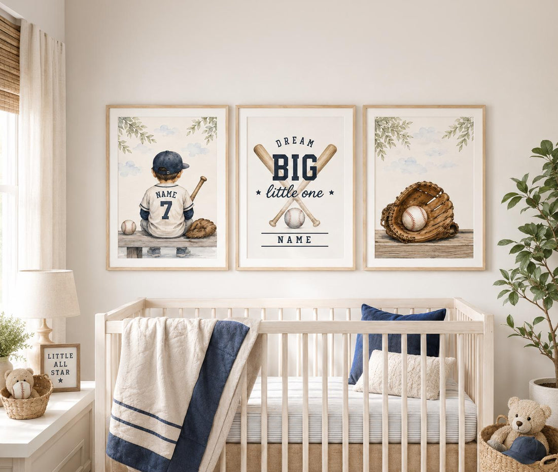 Personalized Baseball Nursery Art Set, Custom Name Sports Prints, Dream Big Little One