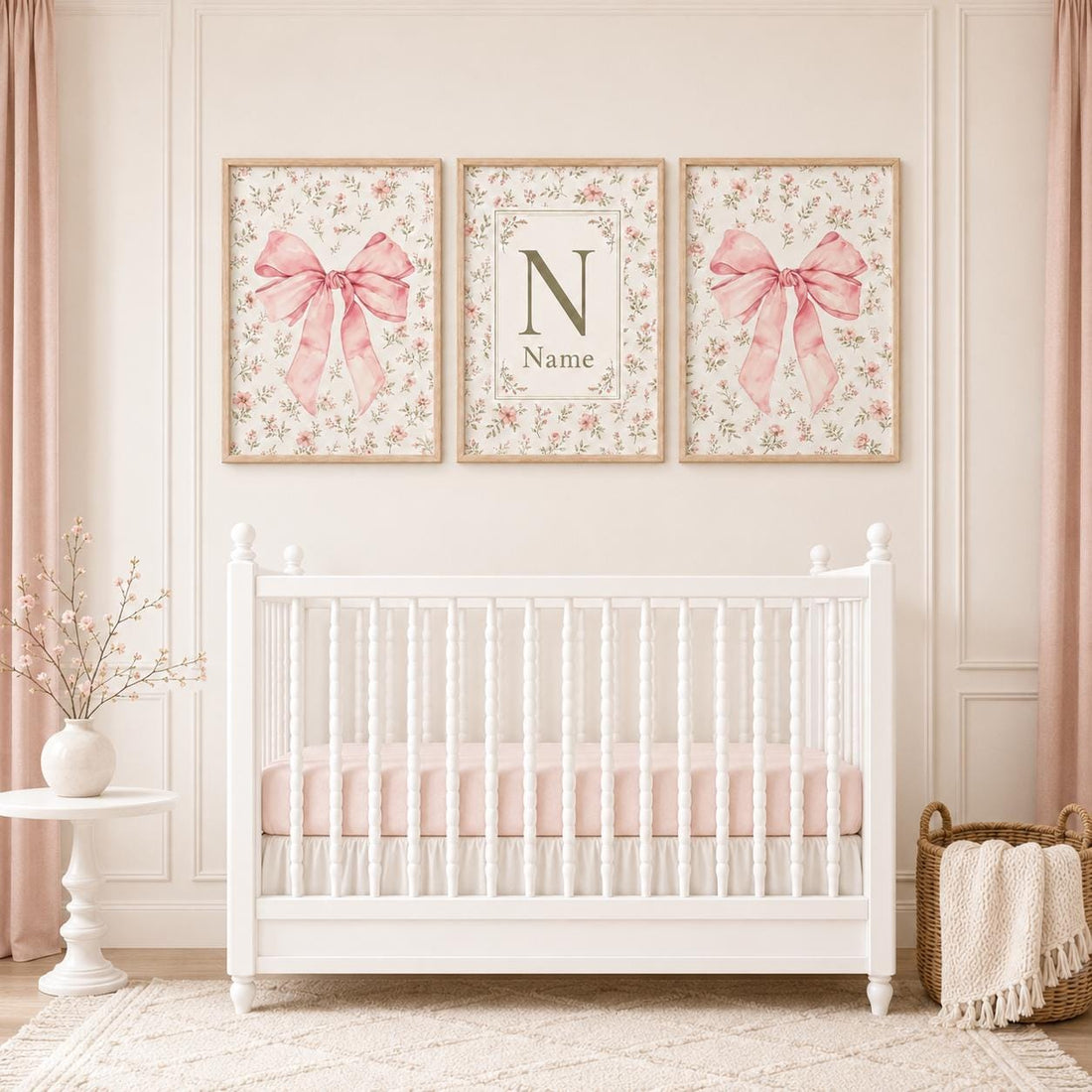 Personalized Pink Bow Nursery Wall Art Set of 3, Floral Baby Girl Prints