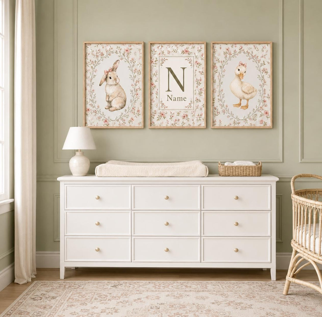 Personalized Bunny and Duck Nursery Wall Art Set of 3, Floral Baby Girl Prints