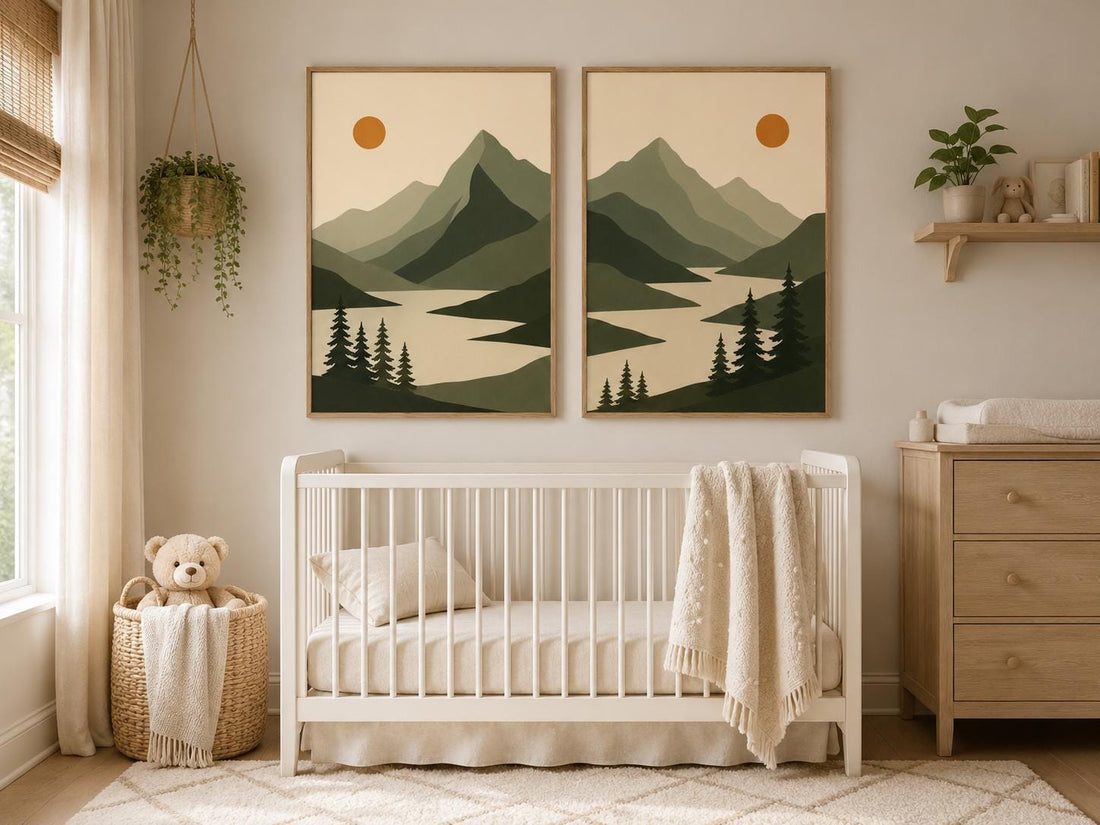 Mountain Nursery Wall Art Set of 2, Green Landscape Prints, Woodland Nursery Decor