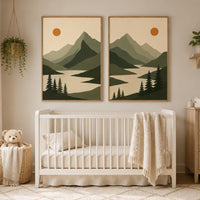 Mountain Nursery Wall Art Set of 2, Green Landscape Prints, Woodland Nursery Decor