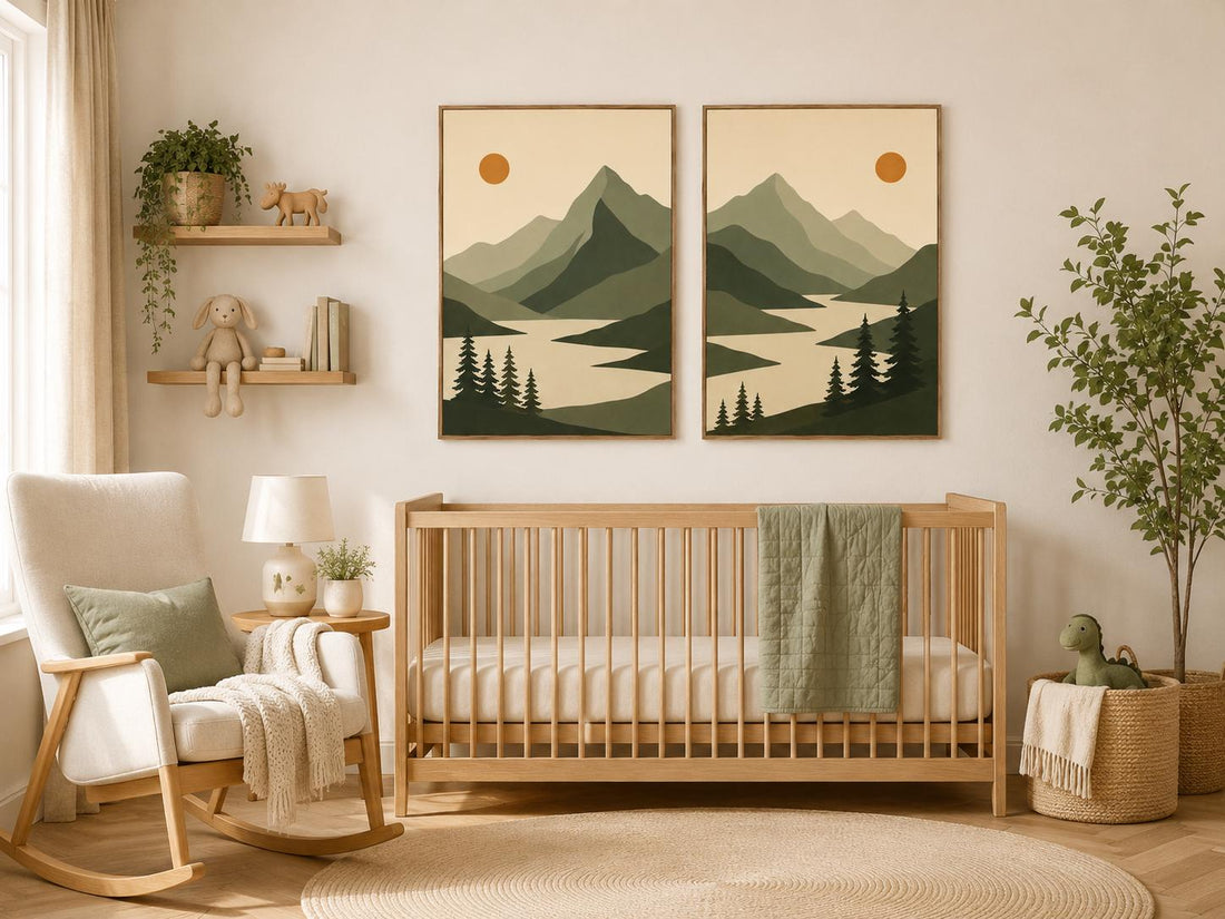 Mountain Nursery Wall Art Set of 2, Green Landscape Prints, Woodland Nursery Decor