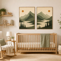 Mountain Nursery Wall Art Set of 2, Green Landscape Prints, Woodland Nursery Decor