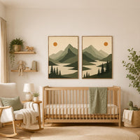 Mountain Nursery Wall Art Set of 2, Green Landscape Prints, Woodland Nursery Decor