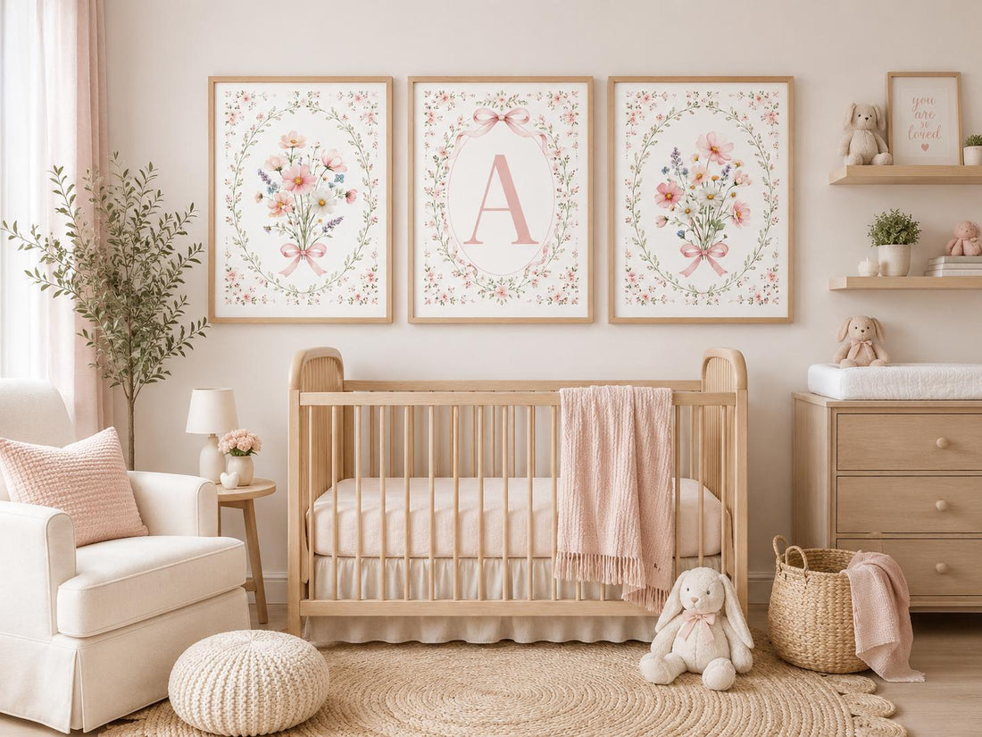 Blush Pink Floral Nursery Wall Art Set of 3, Personalized Baby Girl Initial Print