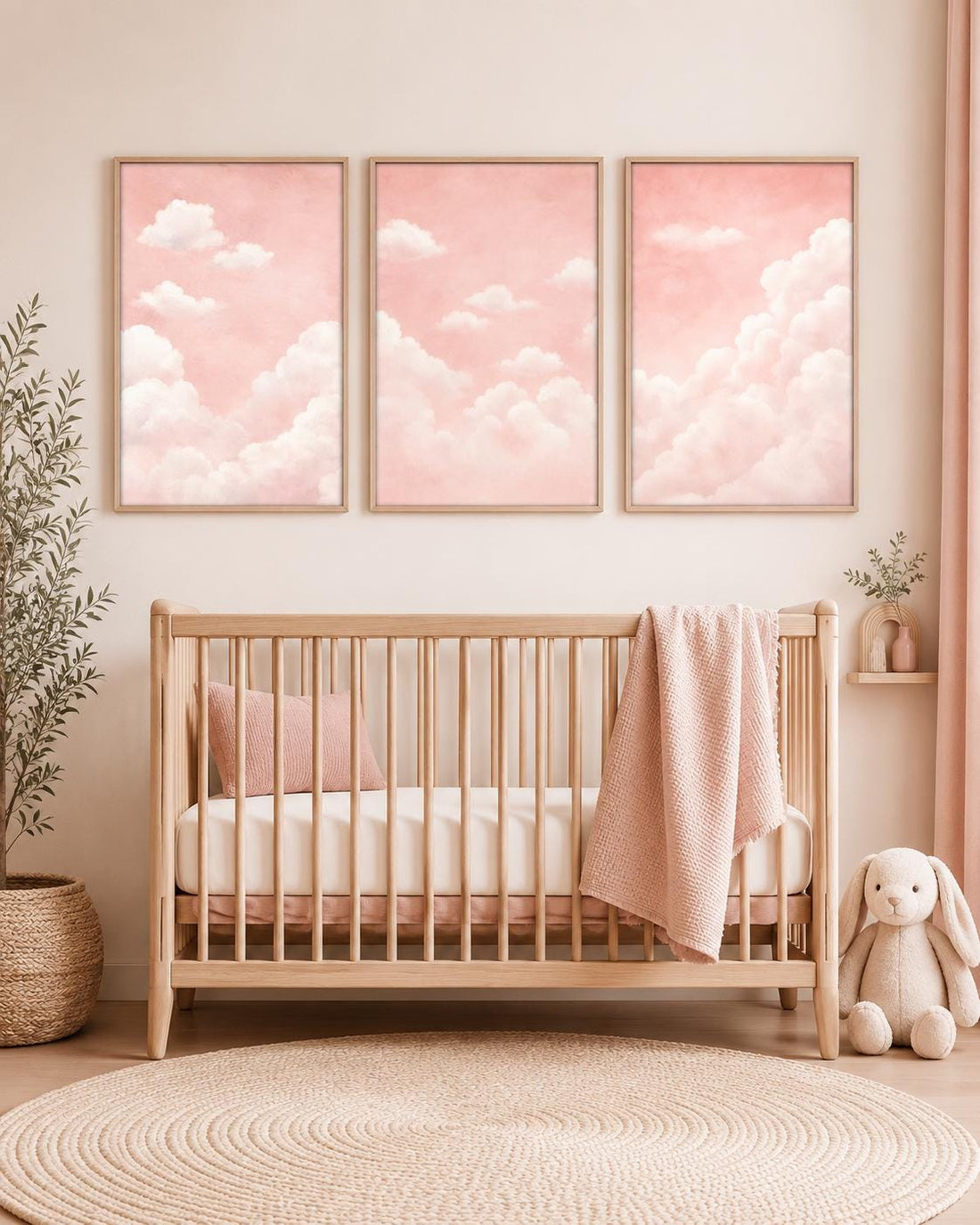 Set of 3 Pink Cloud Nursery Art, Blush Sky Baby Girl Decor