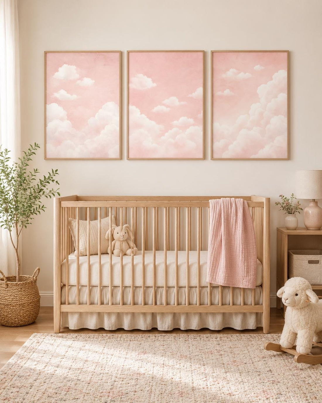 Set of 3 Pink Cloud Nursery Art, Blush Sky Baby Girl Decor
