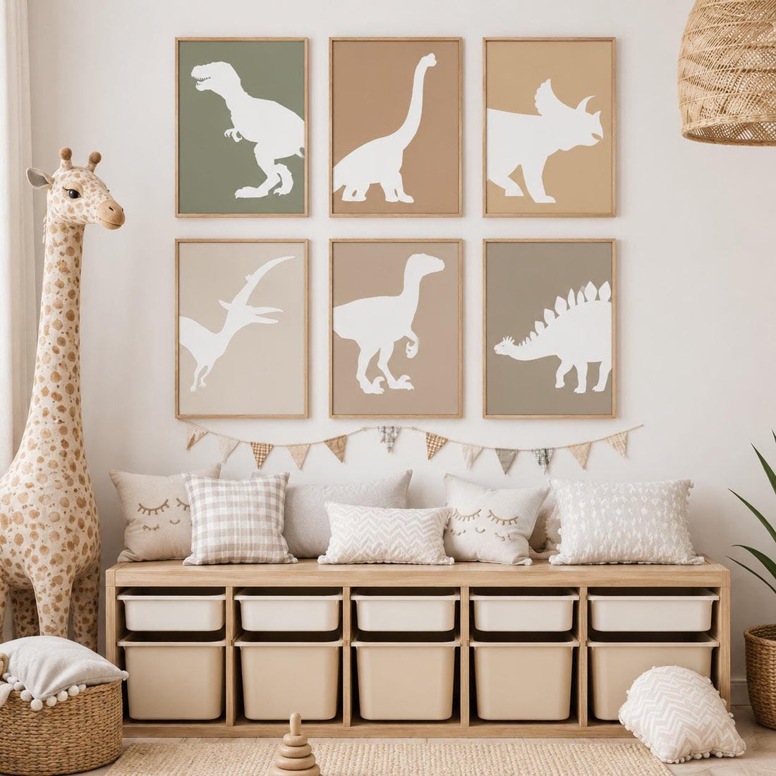 Dinosaur Nursery Wall Art Set of 6, Neutral Dino Prints, Earth Tone Kids