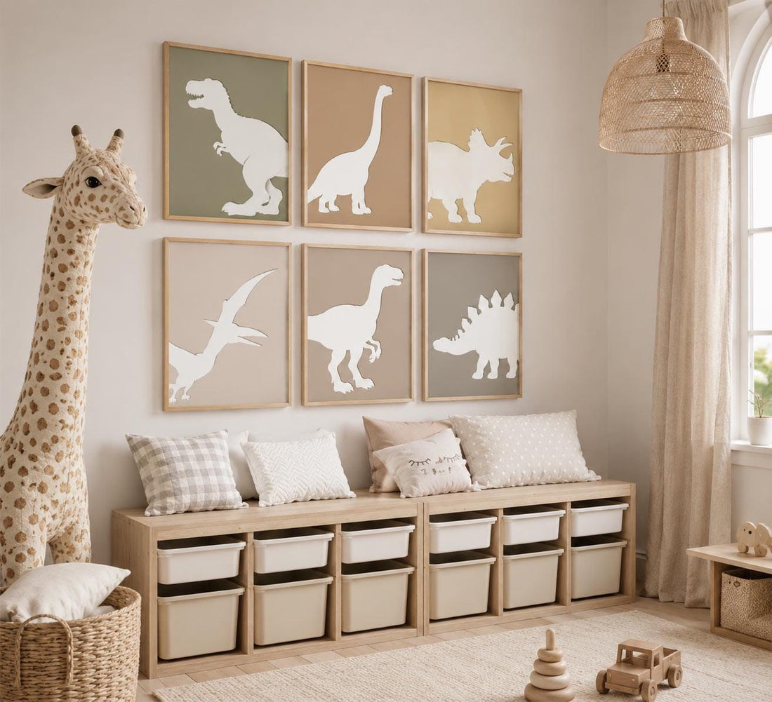 Dinosaur Nursery Wall Art Set of 6, Neutral Dino Prints, Earth Tone Kids