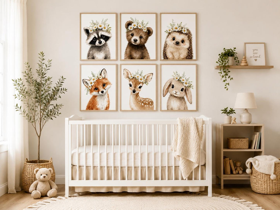 Daisy Woodland Animal Nursery Wall Art Set of 6, Floral Baby Animal Prints