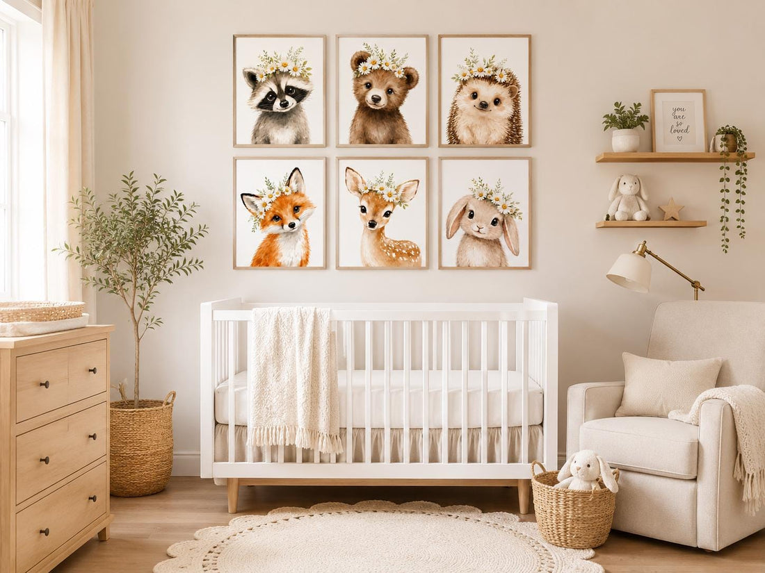 Daisy Woodland Animal Nursery Wall Art Set of 6, Floral Baby Animal Prints