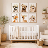 Daisy Woodland Animal Nursery Wall Art Set of 6, Floral Baby Animal Prints