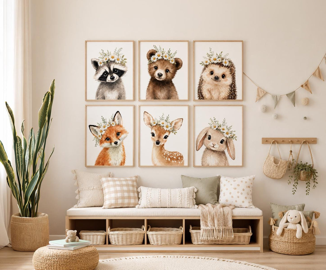 Daisy Woodland Animal Nursery Wall Art Set of 6, Floral Baby Animal Prints