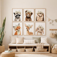 Daisy Woodland Animal Nursery Wall Art Set of 6, Floral Baby Animal Prints