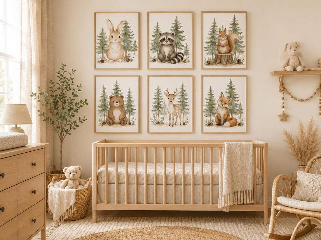 Woodland Nursery Wall Art Set of 6, Forest Animal Prints, Bear Bunny Fox Deer