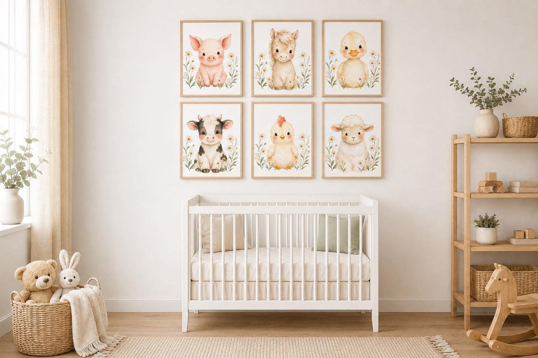 Farm Animal Nursery Prints Set, Baby Cow Pig Duck Pony Lamb Chicken Art