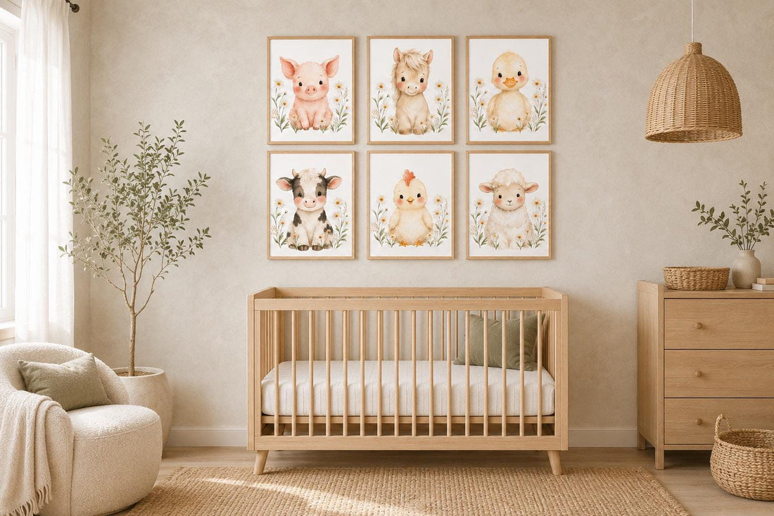 Farm Animal Nursery Prints Set, Baby Cow Pig Duck Pony Lamb Chicken Art