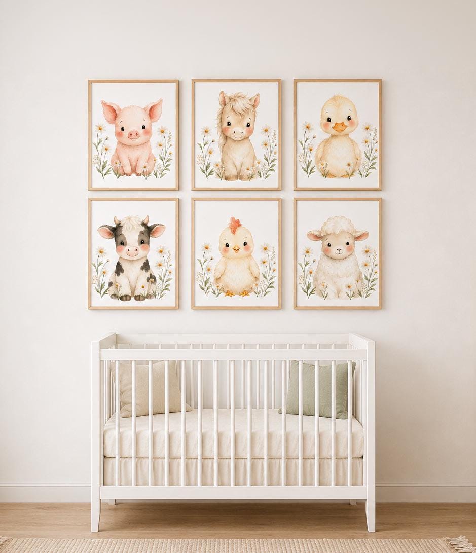 Farm Animal Nursery Prints Set, Baby Cow Pig Duck Pony Lamb Chicken Art