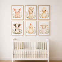 Farm Animal Nursery Prints Set, Baby Cow Pig Duck Pony Lamb Chicken Art