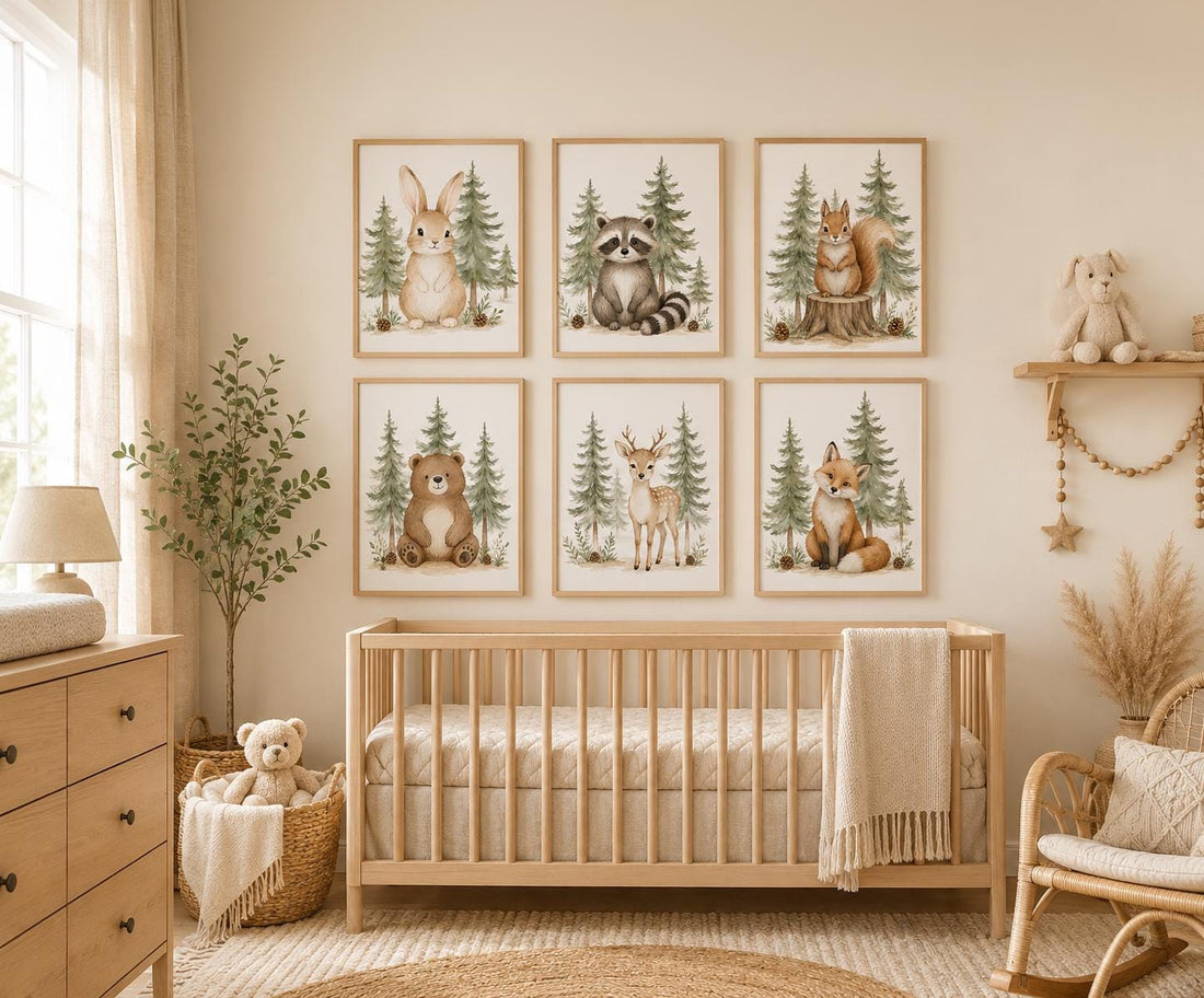 Woodland Nursery Wall Art Set of 6, Forest Animal Prints, Bear Bunny Fox Deer