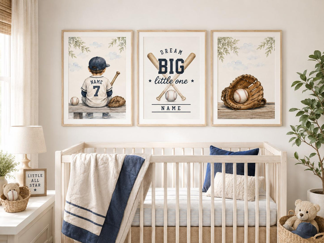 Personalized Baseball Nursery Art Set, Custom Name Sports Prints, Dream Big Little One