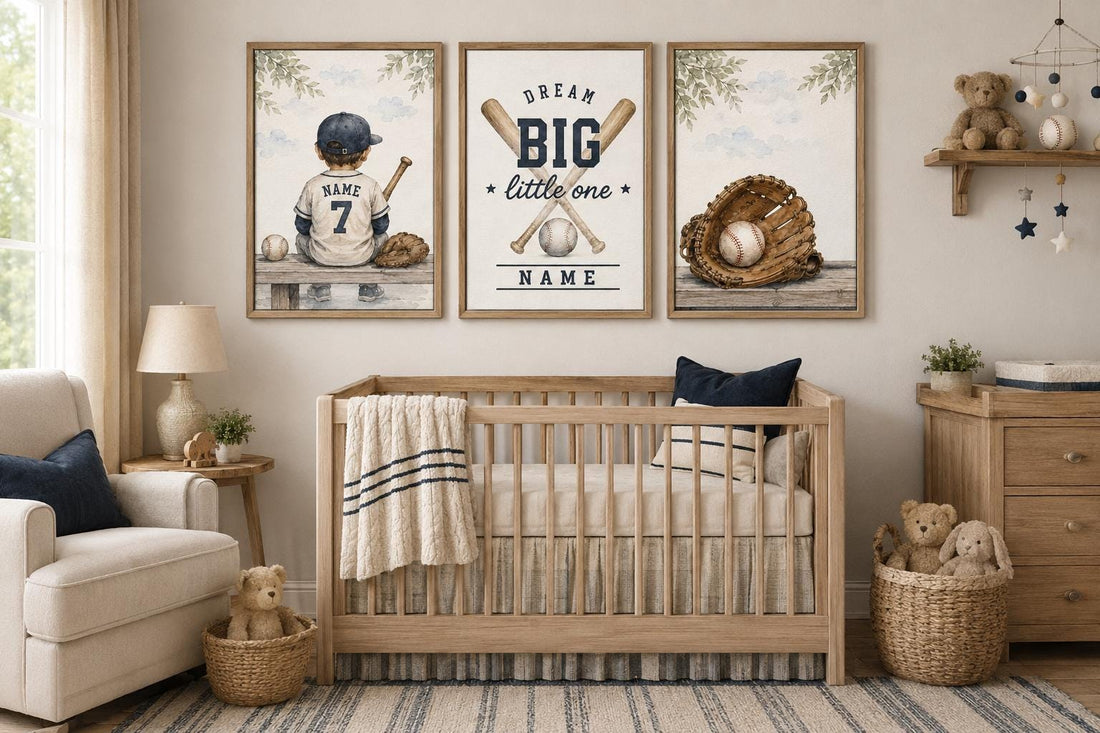 Personalized Baseball Nursery Art Set, Custom Name Sports Prints, Dream Big Little One