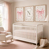 Personalized Pink Bow Nursery Wall Art Set of 3, Floral Baby Girl Prints
