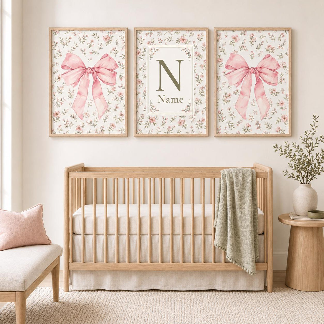 Personalized Pink Bow Nursery Wall Art Set of 3, Floral Baby Girl Prints