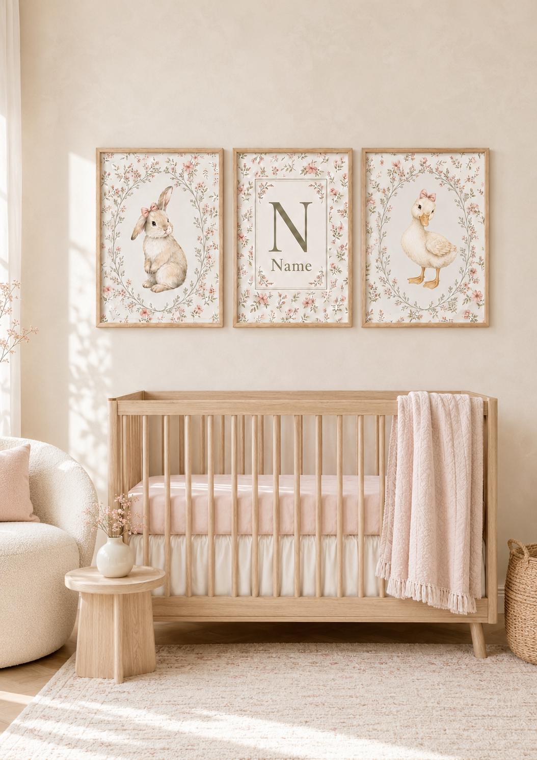 Personalized Bunny and Duck Nursery Wall Art Set of 3, Floral Baby Girl Prints