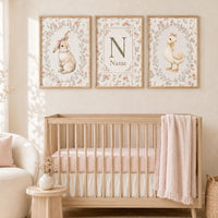 Personalized Bunny and Duck Nursery Wall Art Set of 3, Floral Baby Girl Prints