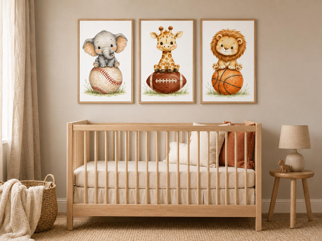 Baby Animal Sports Nursery Print: Safari Baseball, Football, Basketball